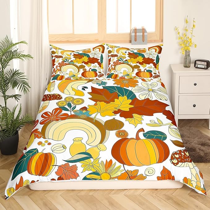 70s Groovy Hippie Retro Comforter Cover Full Size,Vintage Fall Floral Leaves Duvet Cover with 2 Pillowcases,3 Piece,Mushroom Pumpkin Rainbow Polyester Bedding Set for Boys Teens Bedroom Decor