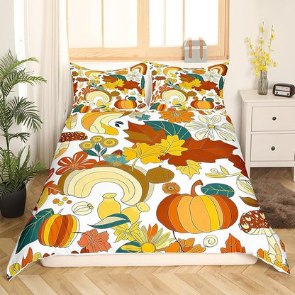 70s Groovy Hippie Retro Bedding Set Queen Size,Vintage Fall Floral Leaves Duvet Cover Set for Children Bedroom Present, Mushroom Pumpkin Rainbow Microfiber Comforter Cover with 2 Pillowcases