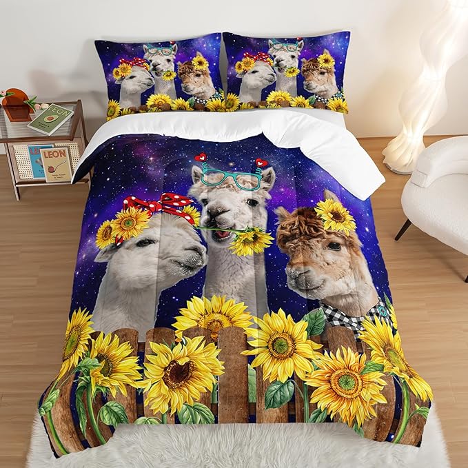 HOSIMA Funny Llama Comforter Set,Alpacas Bedding Sets Animal Theme Room Decor.Soft Microfiber Star Galaxy Sunflower Bed in a Bag Queen Comforter Set for Boys Girls Teens Dorm Room Essentials.