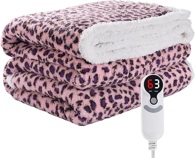 Electric Heated Blanket Full Size 72"×84" with 6 Heating Levels &10Hs Auto Off, Heating Double Sided Plush Sherpa, Fast Heating, Machine Washable Leopard Print Pink & Purple