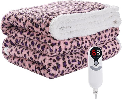 Electric Heated Blanket Full Size 72"×84" with 6 Heating Levels &10Hs Auto Off, Heating Double Sided Plush Sherpa, Fast Heating, Machine Washable Leopard Print Pink & Purple