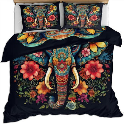 Elephant Duvet Cover King Size, Indian Elephant Bedding Set 3 Piece Bedroom Decor African Wildlife Comforter Cover and 2 Pillow Sham with Zipper Closure
