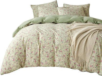 King Duvet Cover Floral Luxury Soft Brushed Microfiber Crinkle Gauze Fabric 3 Pieces Bedding Set Flower Pattern Duvet Cover King with Zipper Closure Breathable Comfy
