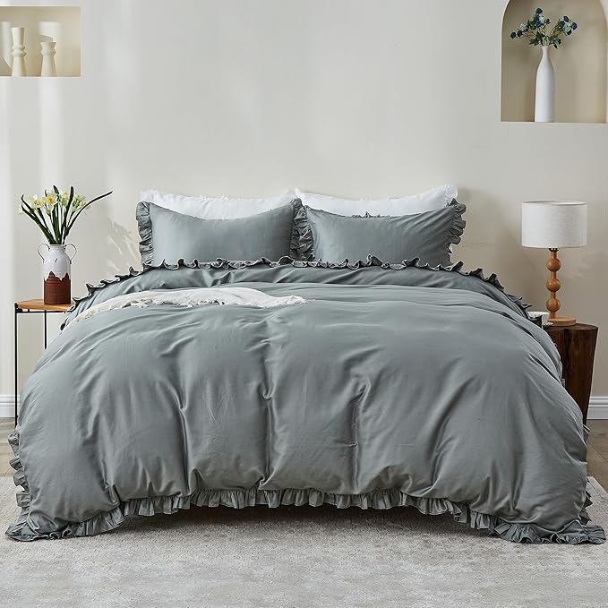 Simple&Opulence Kids 100% Organic Cotton Full Duvet Cover Ruffle 3Pcs(1 Comforter Cover 2 Pillowcases) Cute Lace Vintage Boho Shabby Chic Farmhouse Bedding Set Teen Girls(Gray, Full)
