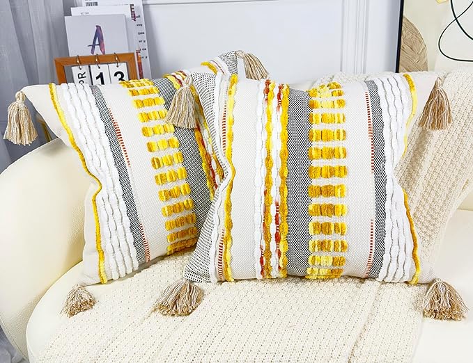 Boho Throw Pillow Covers 18x18 Aesthetic Neutral Boucle Couch Pillow Cover Rainbow Striped Decorative Accent Pillow Case for Couch Bed Sofa Farmhouse Bedroom,Modern Funky,Set of 2 Yellow