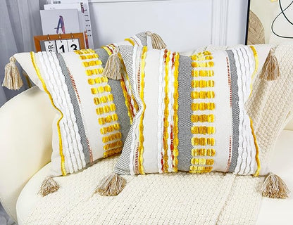 Boho Throw Pillow Covers 18x18 Aesthetic Neutral Boucle Couch Pillow Cover Rainbow Striped Decorative Accent Pillow Case for Couch Bed Sofa Farmhouse Bedroom,Modern Funky,Set of 2 Yellow