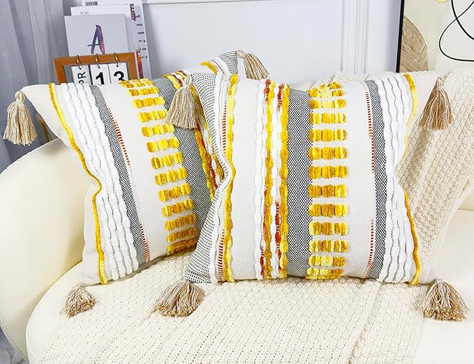 Boho Throw Pillow Covers 16x16 Aesthetic Neutral Boucle Couch Pillow Cover Rainbow Striped Decorative Accent Pillow Case for Couch Bed Sofa Farmhouse Bedroom,Modern Funky,Set of 2 Yellow