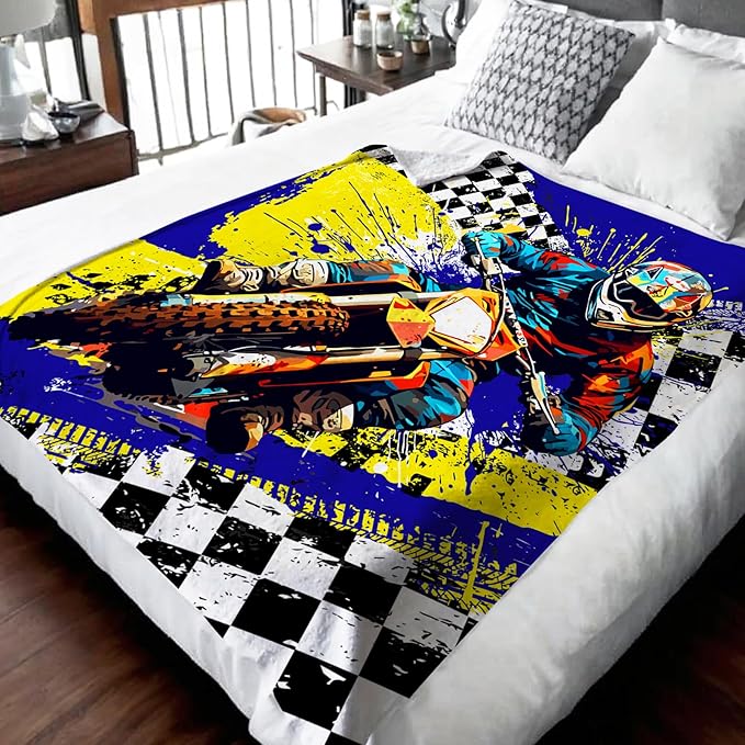 Boys Blanket Gifts Dirt Bike Blankets for Kids Teens Adults - 60" x 80" Cool Car Themed Motorcycle Soft Lightweight Flannel Throws for Couch, Sofa, Bed, Bedroom Decor