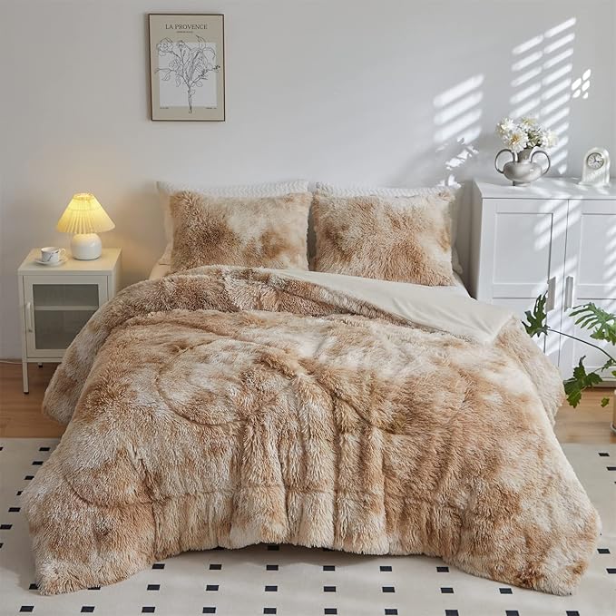 Wajade Faux Fur Plush Tie Dye Camel Comforter Set Fluffy Fuzzy Shaggy Bedding Set - 3PC Full Size Microfiber Soft Warm Quilt Set