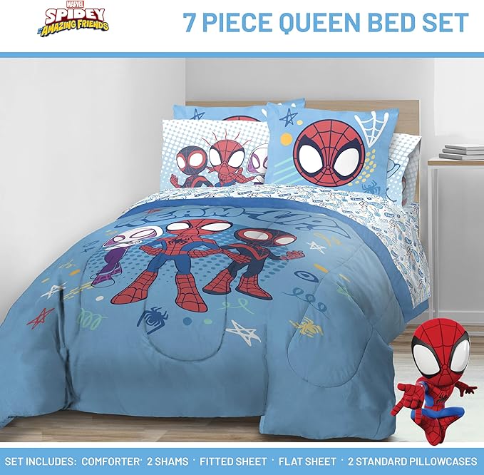 Jay Franco Kids Comforter Set Includes Sheets and Pillow Covers - Soft and Cozy Bed Set for Stylish Room Decor, Light Blue - Spidey & His Amazing Friends, 7 Piece Queen Bedding