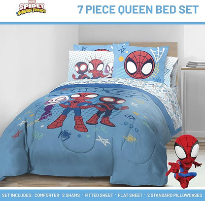Jay Franco Kids Comforter Set Includes Sheets and Pillow Covers - Soft and Cozy Bed Set for Stylish Room Decor, Light Blue - Spidey & His Amazing Friends, 7 Piece Queen Bedding