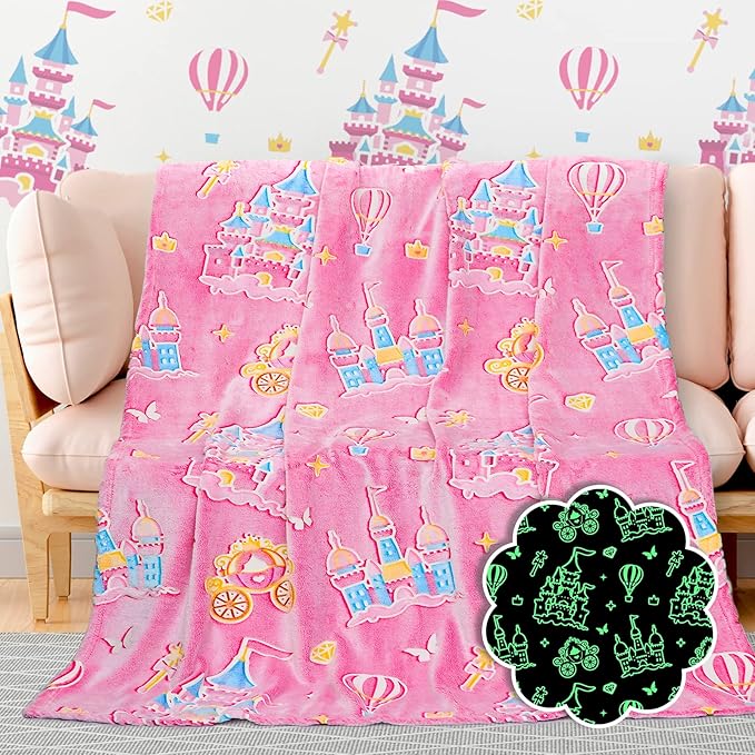 BORORO Princess Blanket for Girls - Princess Gifts Glow in The Dark Pink Blanket Castle Toys Birthday Gifts for Toddler Kids Girls Women