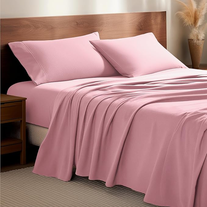 Bare Home Flannel Sheet Set 100% Cotton Twin Extra Long, Velvety Soft Heavyweight - Double Brushed Flannel - Deep Pocket (Twin XL, Light Pink)