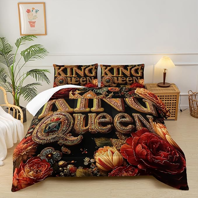King and Full Comforter Set Black and Gold，King and Full Bedding Set，Red Floral Quilt Set Full Size，with 1 Comforter with 2 Pillow Case