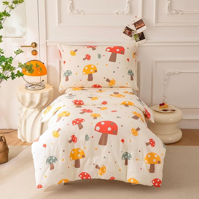 SDIII 4 Piece Mushroom Toddler Bedding Set, Soft Microfiber Botanical Bedding Toddler Bed Set with Comforter, Fitted Sheet, Flat Sheet and Pillowcase
