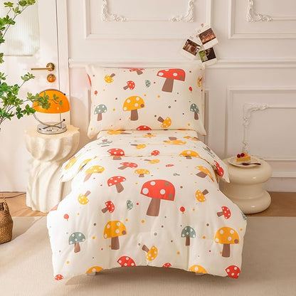 SDIII 4 Piece Mushroom Toddler Bedding Set, Soft Microfiber Botanical Bedding Toddler Bed Set with Comforter, Fitted Sheet, Flat Sheet and Pillowcase