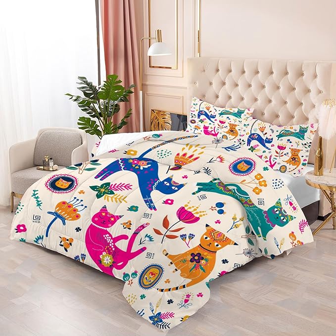 Cat Comforter Set Full : Cute Floral Cats Full Size Bedding Sets for Girls Kids Teens Children Cartoon Flowers Kawaii Animals Print Quilt Duvet Bed Set with 1 Comforter & 2 Pillowcases
