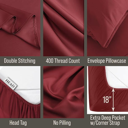 Bella Coterie 6 Piece Luxury Bamboo Viscose Split Top King Size Sheet Set | 34" Split for Adjustable Beds | 100% Organically Grown| Cooling | 18” Deep Pocket | 4 Pillowcases [Merlot]
