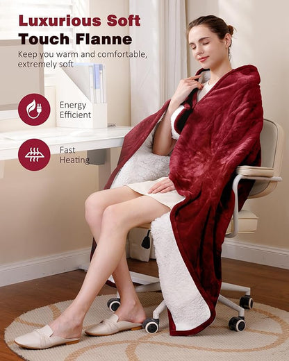 Heated Blanket Throw, Wearable Heated Blanket Two Buttons, 50x60 Inches Soft Flannel Electric Throw, 9 Heating Levels & 10 Options Auto Off, for Home, Office (Red)