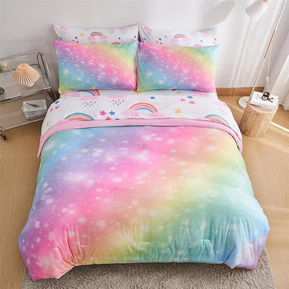 Rainbow Girls Queen Comforter Set with Sheets, 7 Pieces Queen Bed in a Bag with Comforter, Sheets and Pillowcases, Soft Microfiber Pastel Fun Girly Queen Bedding Set for Kids Teens Women