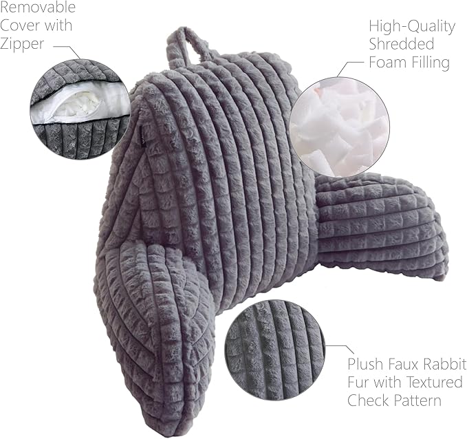 Faux Rabbit Fur Reading Pillow with Arms,Removable Cover, Adjustable Shredded Foam Filling,Bed Rest Back Pillow for Reading,Watching TV,Gaming–Grey