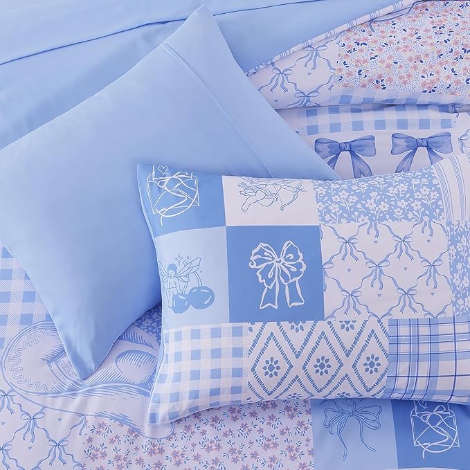 Full Size Comforter Set for Girls, Cute Blue Bow Bedding 7 Pieces Kids Bed Set, All Season Bed in a Bag with Sheets, Pillowcases & Shams