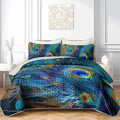 Blue Green Peacock Feathers Quilt Bedding Queen 3Pcs Tropical Wild Animal Bed Set Tie-Dye Luxury Pattern Lightweight Bedspread Coverlet with 2 Pillowcases for Kid Boy Girl Teen Adult Room Decor
