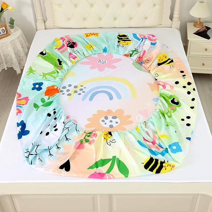 Rainbow Fitted Sheet Set,Cute Frogs Butterflies Bedding Queen Size for Women Girls Teens Bedroom Bed, Cartoon Sheets Bedspread Sets,1 Flat Sheet 1 Fitted Sheet 2 Pillowcases