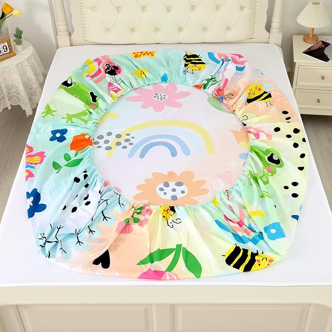 Cute Frogs Sheet Sets,Rainbow Butterflies Kids Bedding Full Size for Girls Teens Adults Bedroom Bed, Cartoon Sheets Bedspread Set,1 Flat Sheet 1 Fitted Sheet 2 Pillowcases
