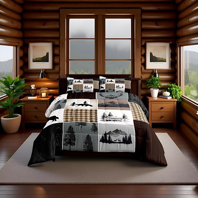 Bear Deer Comforter Set King Size,Brown Geometric Check Patchwork Bedding Set Wild Animals Hunt Adventure Quilted Duvet Boys Girls Men Teens Bedroom Decor Rustic Country Cabin Duvet Insert 3pcs