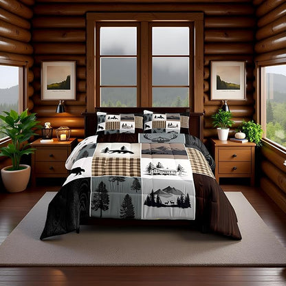 Bear Deer Comforter Set King Size,Brown Geometric Check Patchwork Bedding Set Wild Animals Hunt Adventure Quilted Duvet Boys Girls Men Teens Bedroom Decor Rustic Country Cabin Duvet Insert 3pcs