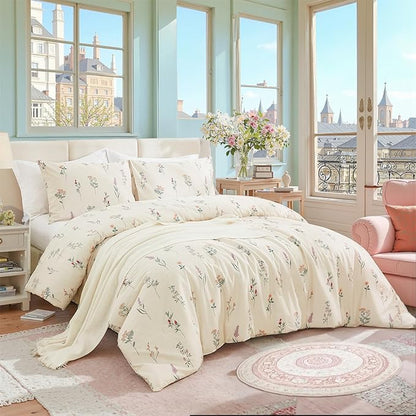 Cream Duvet Cover Set Full Size 100% Washed Cotton Linen Like Textured Comforter Cover 3 Pcs Luxury Soft and Breathable Floral Duvet Cover with Zipper Closure