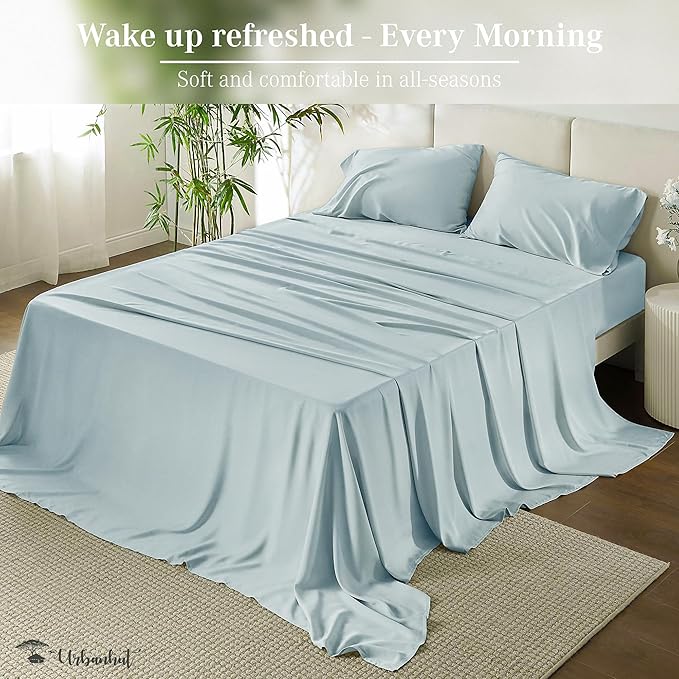 URBANHUT 100% Cotton 1000 Thread Count Twin Bedsheet Set, Long Staple Sheets, Soft & Breathable, 4 Pc Bed Sheet Sets, Luxury Hotel Sateen Sheets Fits 16" Deep Pocket - Light Blue