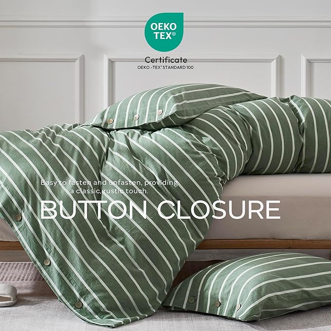 JELLYMONI Cotton Duvet Cover Twin XL Size - Green Striped Comforter Cover with Button 100% Washed Cotton 2PCS Breathable Soft Solid Bedding Set Duvet Cover 66×92in & 1 Pillowcase (NO Comforter)