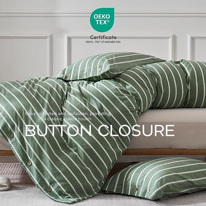 JELLYMONI Cotton Duvet Cover Oversized Queen Size - Green Striped Comforter Cover with Button 100% Washed Cotton 3PCS Breathable Soft Solid Bedding Set Duvet Cover 98×98in & 2 Pillowcases