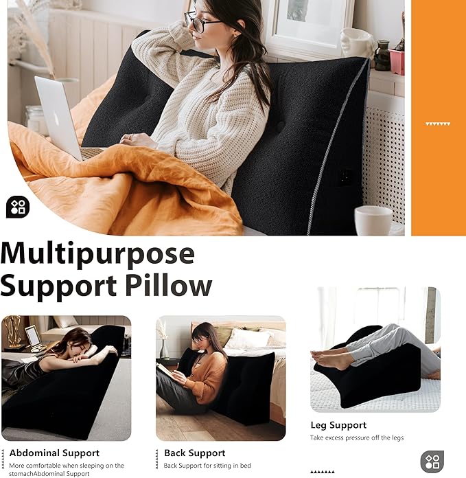 8 lbs Thickened Twin Wedge Pillow Headboard College Dorm Bed Velvet Wedge Pillow Backrest Triangular Headboard Pillows with Side Pocket, Dorm Bedding Essentials for Girls & Boys, Black