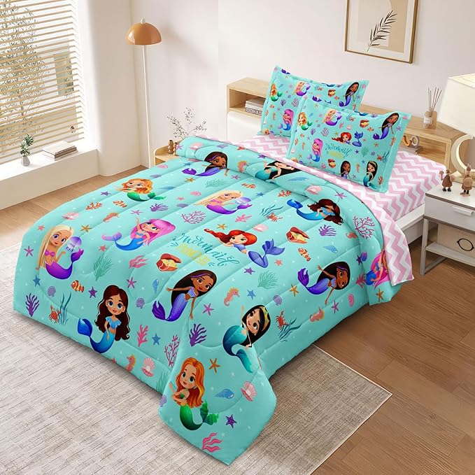 Kids Twin Comforter Set with Sheets for Girls 5-Piece Complete Set Easy-Wash Super Soft Microfiber Comforter Bedding, Mermaid Bed Set Twin Size
