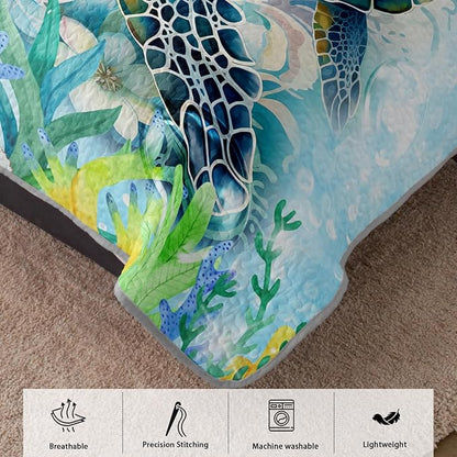 AILONEN Sea Turtle Quilt Set King Size,Blue Green Flower Bedspread Coverlet,Ocean Theme Bedding Set Printed with 2 Pillowcases,Soft Microfiber Bed Cover