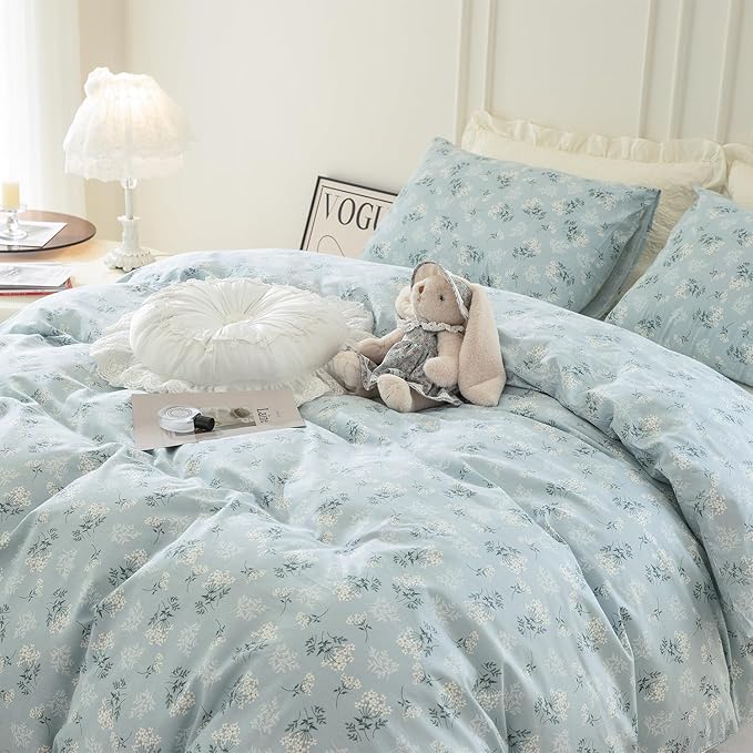 Jane yre Duvet Cover King Floral Brushed Microfiber 3 Pieces Bedding Set Garden Style Blue Pattern Duvet Flower, with Zipper Closure, Luxury Soft Breathable Comfy