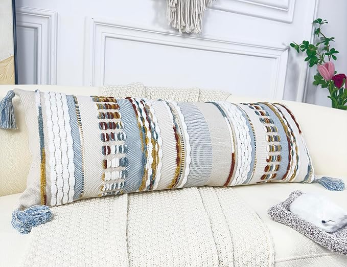 Chenille and Cotton Long Pillow for Bed, Striped Textured Boho Lumbar Throw Pillow Cover 16x36, Neutral Accent Decorative Extra Long Body Pillow Case for Couch, Sofa, Bedroom, Light Blue