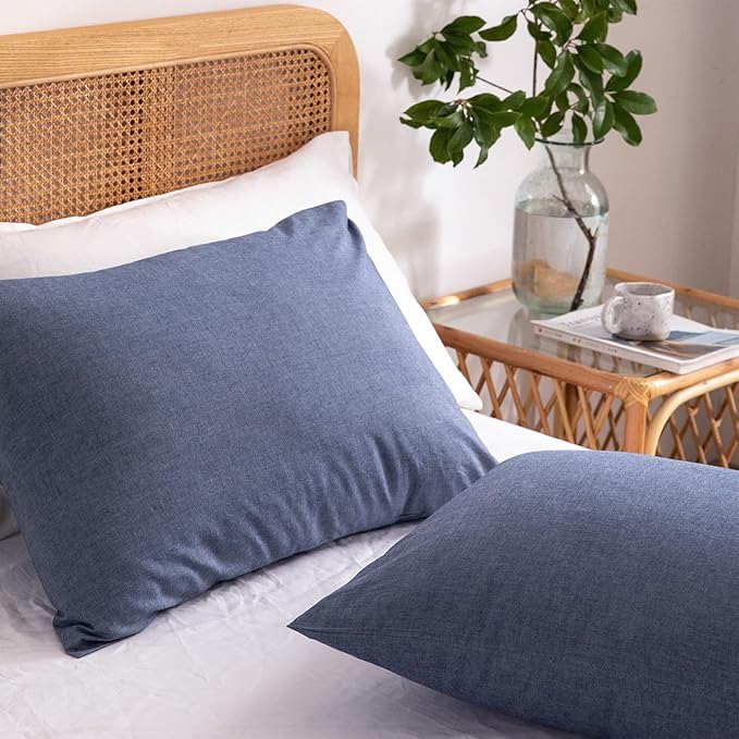 Blue Duvet Cover King, 100% Washed Cotton Linen Like Textured Solid Color Casual Modern Style Blue Bedding Set, with Zipper Closure, Luxury Soft Relaxed Feel Natural Wrinkled Comfy (3pcs, King)