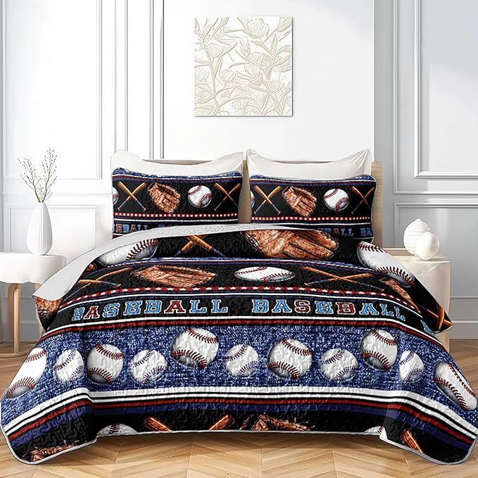 QOOMO Baseball Quilt Set King Size,Sports Games Bedspread Coverlet Set,Sports 3Pcs Bedding Set Printed Quilt with 2 Pillowcases,Soft and Lightweight,for All Seasons