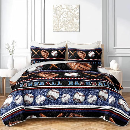 QOOMO Baseball Quilt Set Twin Size,Sports Games Bedspread Coverlet Set,Sports 3Pcs Bedding Set Printed Quilt with 2 Pillowcases,Soft and Lightweight,for All Seasons