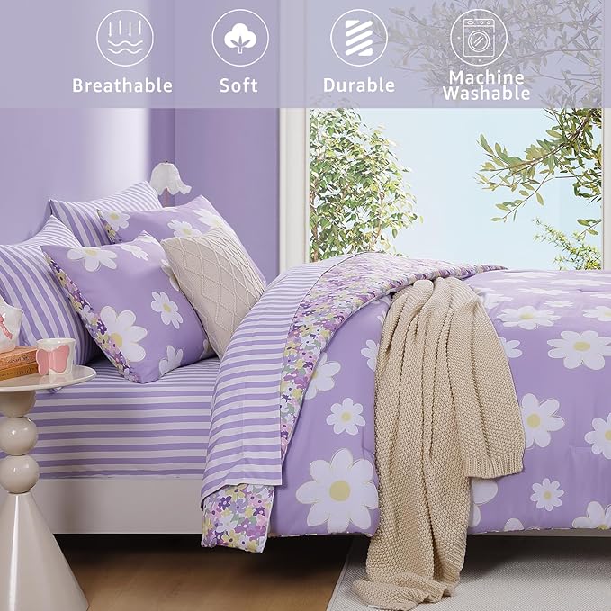 Twin XL Comforter Set for Girls, Purple Daisy Kids Bedding Set Reversible with Cute Floral, All Season Bed in a Bag Dorm 5 Pieces with Sheets, Pillowcase & Sham