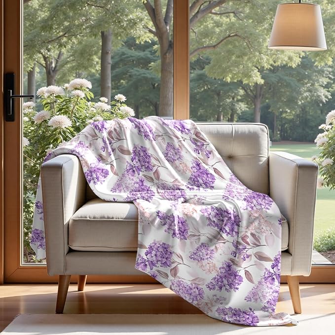 Floral Throw Blanket Birthday Gift for Women Mom Girls Violet Flowers Blanket Summer Wildflower Flannel Blanket Watercolor Printed Throw for Couch Sofa Bed Chair 50"x60"