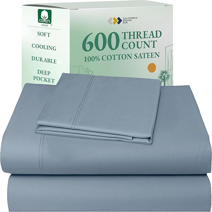 California Design Den 5-Star Hotel-Quality Twin Sheet Set, 100% Cotton Sateen, 600 Thread Count Deep Pocket Twin Sheets, Soft Hotel-Quality Bedding with Sateen Weave - Pastel Blue