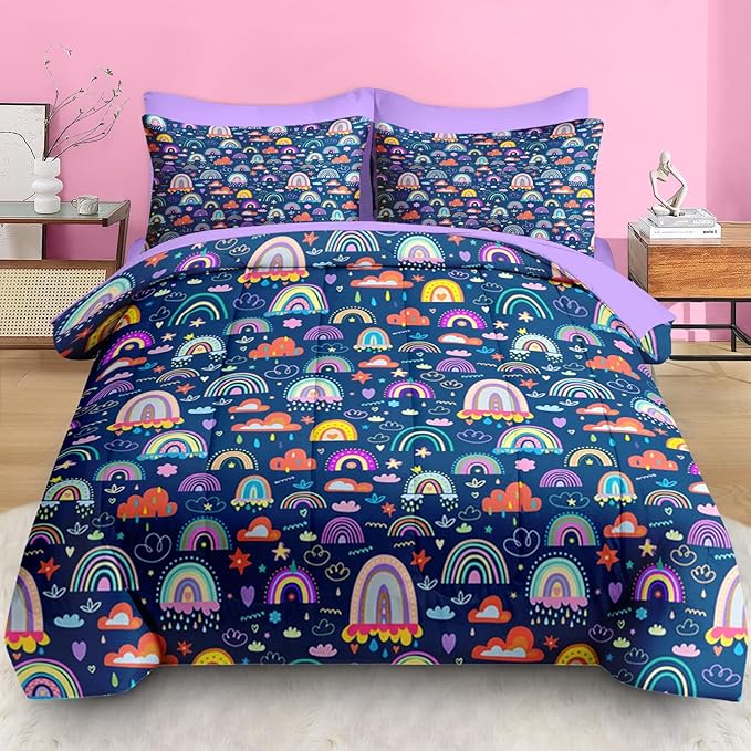 Comforter Set Queen Size, Cute Boho Rainbow 7 Pcs Bedding for Kids and Adults, Colorful Nursery Cloud Bed Sheet Sets with Fitted Sheet 2 Pillowcases & 2 Shams for Bedroom Bed Decor
