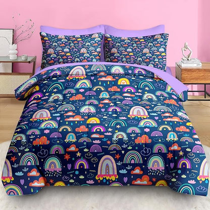 Comforter Set Full Size, Cute Boho Rainbow 7 Pcs Bedding for Kids and Adults, Colorful Nursery Cloud Bed Sheet Sets with Fitted Sheet 2 Pillowcases & 2 Shams for Bedroom Bed Decor