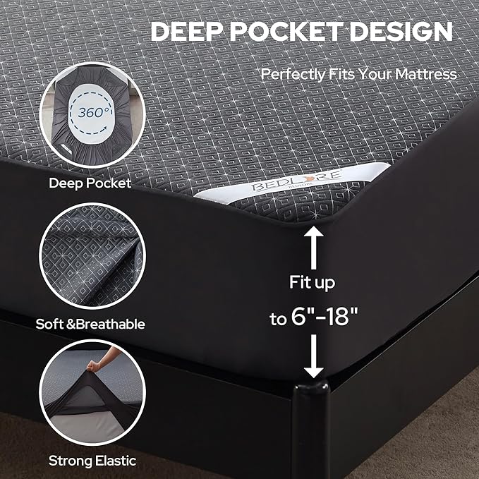 BEDLORE California King Mattress Protector, Waterproof Noiseless Mattress Cover with Deep Pocket for 6-18 inches Mattress, Soft Breathable Mattress Pad Machine Washable (Dark Gray)