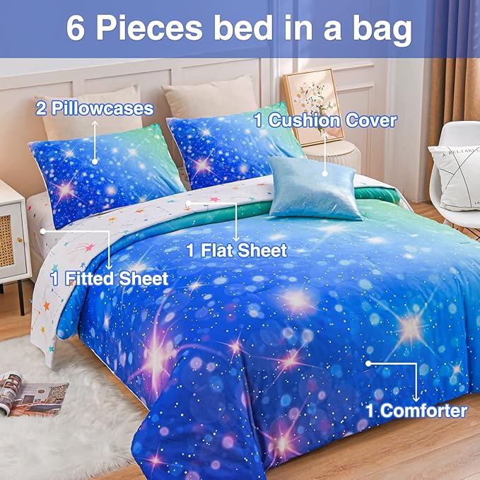 A Nice Night 6Pcs Gradient Glitter Bedding Set for Girls, Colorful Rainbow Galaxy Comforter Set, Ultra Soft Bedding Sets (Blue-Green,Full 6Pcs)